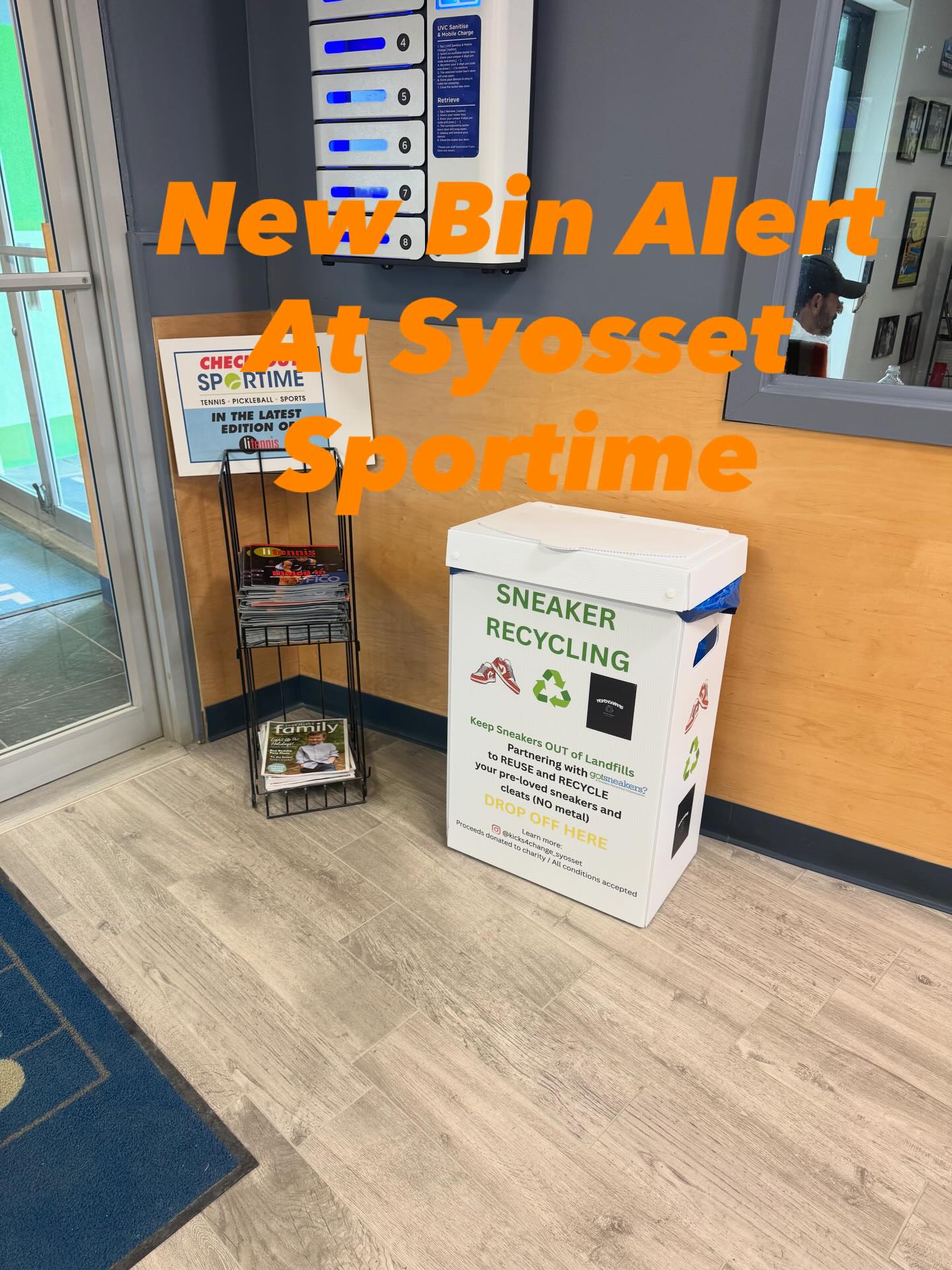 GotSneakers sneaker recycling bin by the entrance at Syosset Sportime